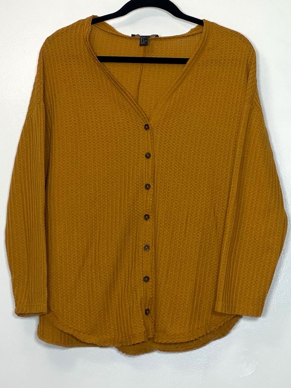Forever 21 Mustard Waffle-Knit Button Front Cardigan